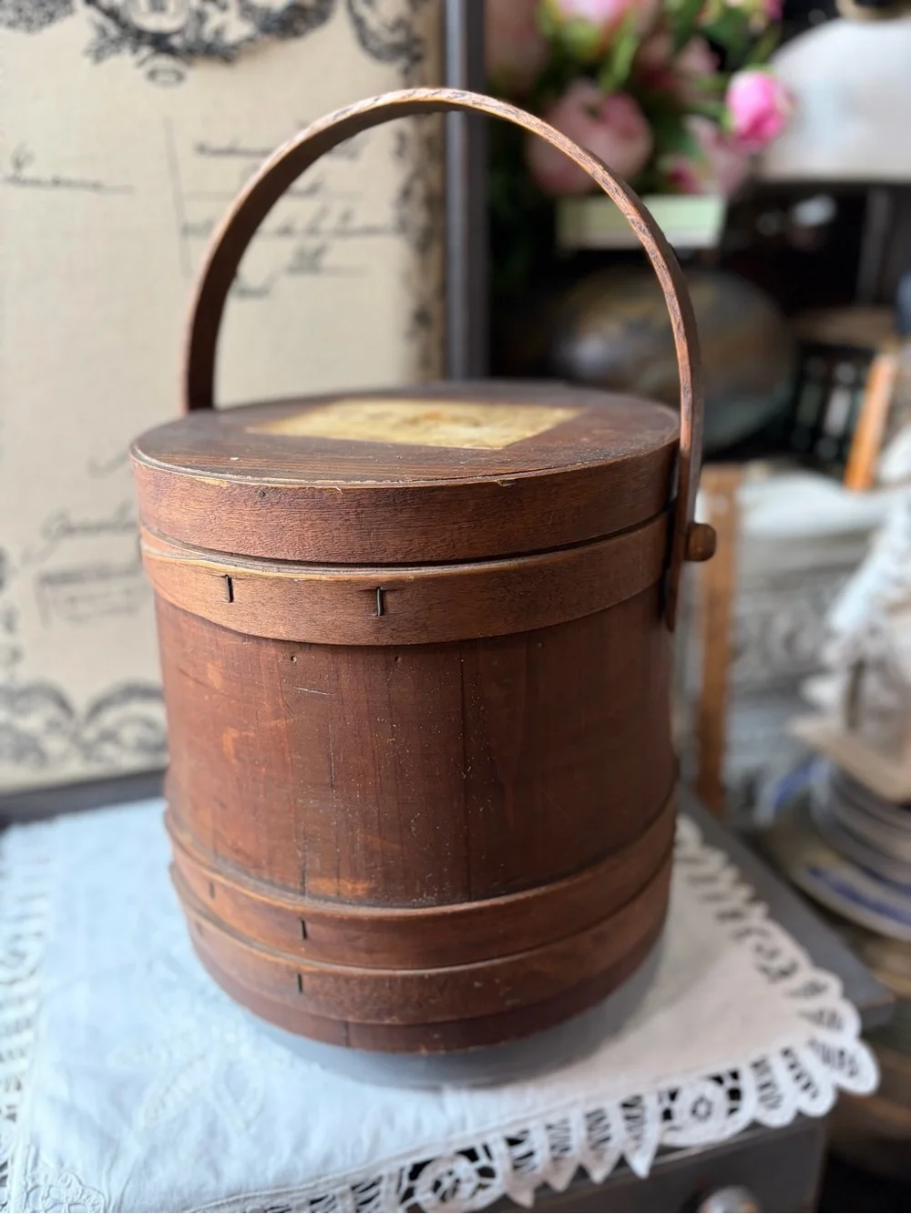 Primitive Wood Firkin sewing box & thread insert